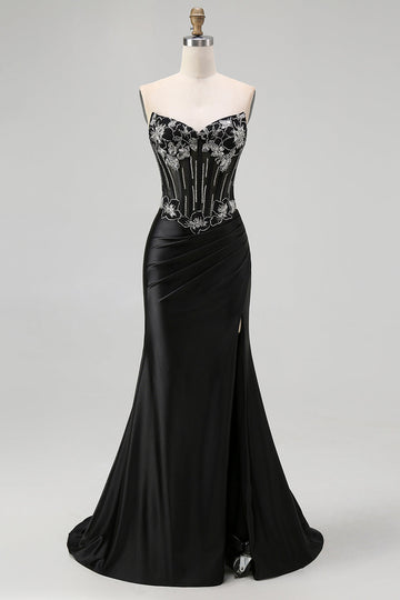 Robe De Soirée longue corset sirène sans bretelles noire avec lacets dans le dos